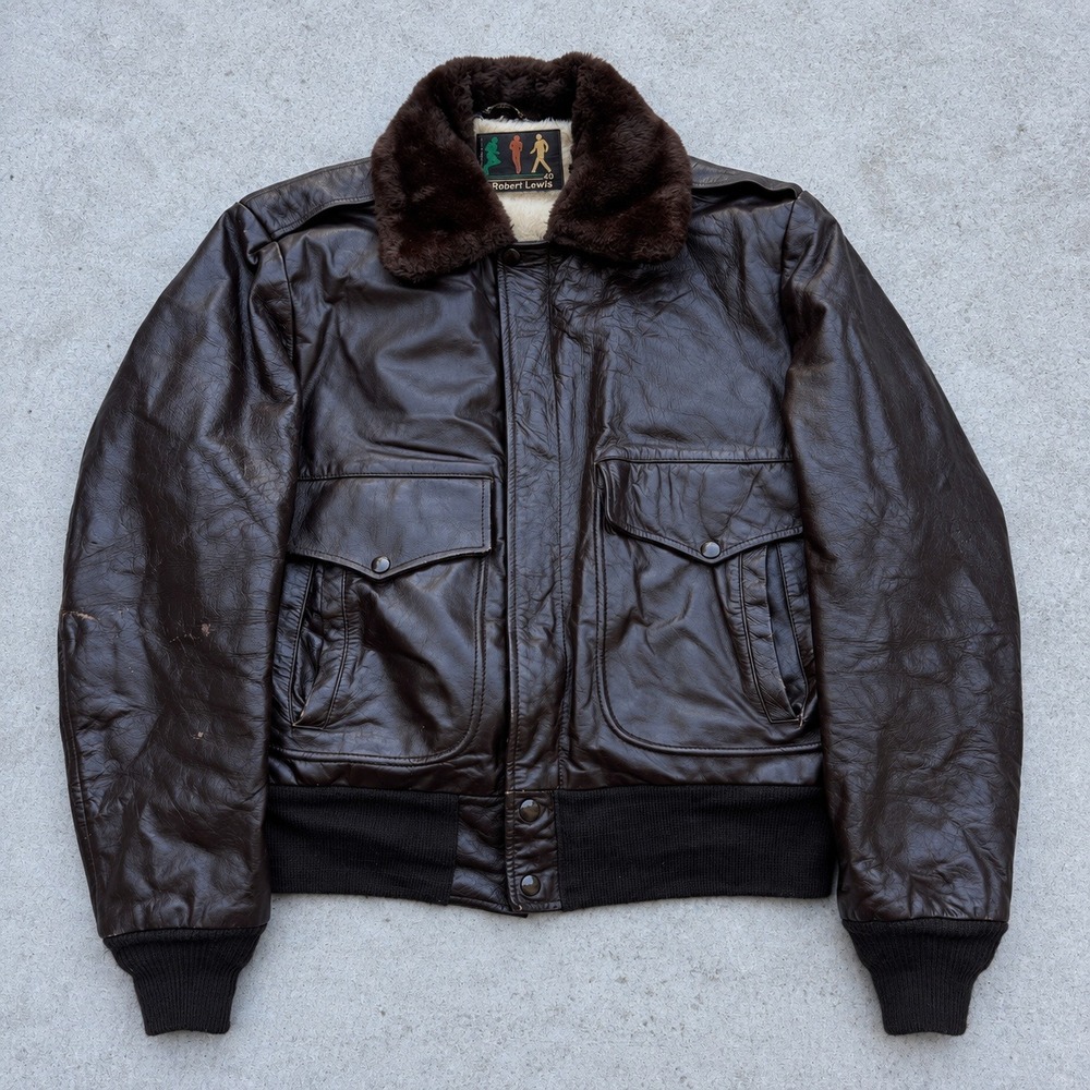 Robert Lewis Vintage Mens Brown Leather Flight Jacket Faux Fur Collar Size 40